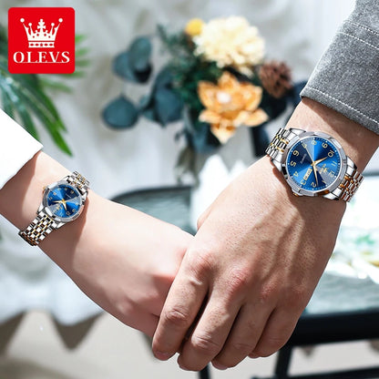 OLEVS 9970 Couple Watch For Men Women Luxury Number Dial Rhombus Mirror Quartz Hand Clock Stainless Steel Original Dress Watches