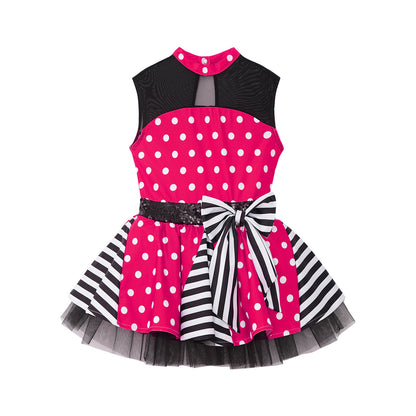 Girls Jazz Latin Ballet Dance Dress Polka Dots Print Mesh Sequin Bowknot Tutu Dress Birthdays Party Wedding Flower Girl Dresses