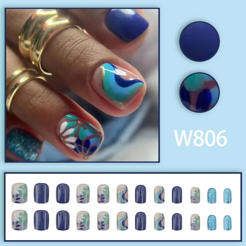 Blue French 24 Pcs Press on Nails Pink Gradient Fake Nails Glossy Artificial Finger Manicure Reusable False Nails