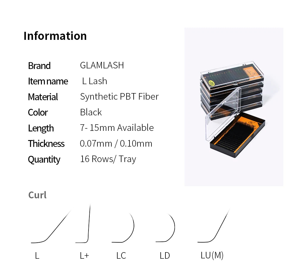 GLAMLASH L+/LC/LD/LU(M)/N Curl 7~15mm MIX 16rows/Case Mink Eyelash Extension Individual Lashes Soft False Eyelashes