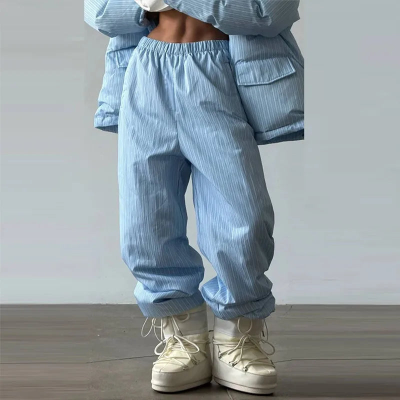Casual Women's Stripe Set With Hat Full Sleeve Cotton Padded Coat Straight Pants Female Loose Sets 2026 Autumn Winter Lady Suit
