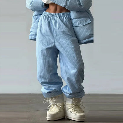 Casual Women's Stripe Set With Hat Full Sleeve Cotton Padded Coat Straight Pants Female Loose Sets 2026 Autumn Winter Lady Suit