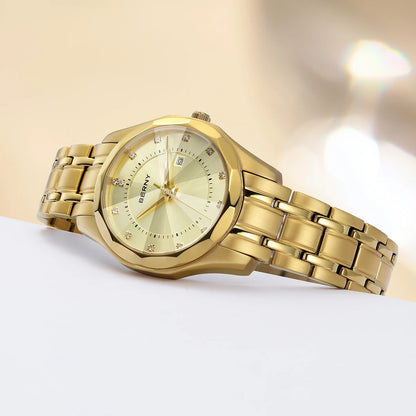 BERNY Golden Watch for Women Quartz Luxury Diamond Shape Lens Ladies Wristwatch Waterproof Stainless Steel Fashion Women Watch