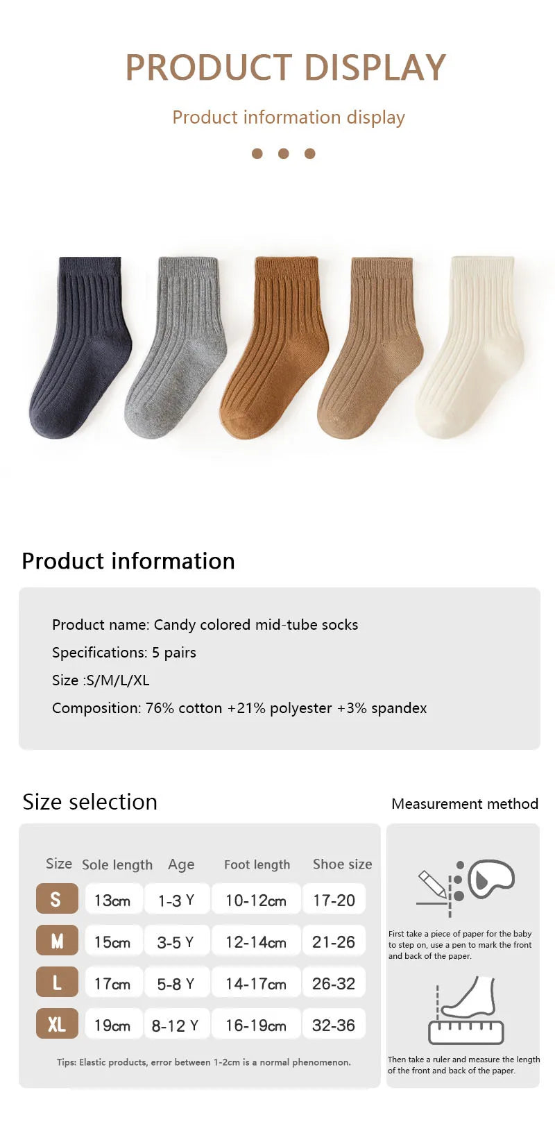 5 Pairs/Lot Children'S Socks Set Solid Color Double Needle Cotton Kids Mid-Tube Socks Candy Color Boys And Girls Student Socks