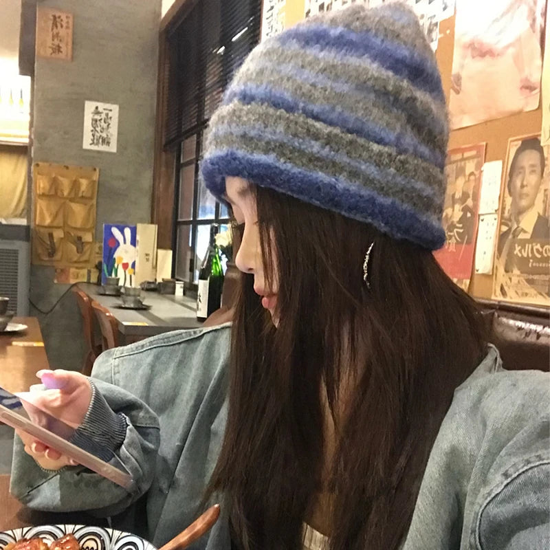 Striped Knitted Beanies Hats For Women&Men Winter Plush Warm Skullies Hat Unisex Outdoor Coldproof Ski Ear Protection Caps Gorro