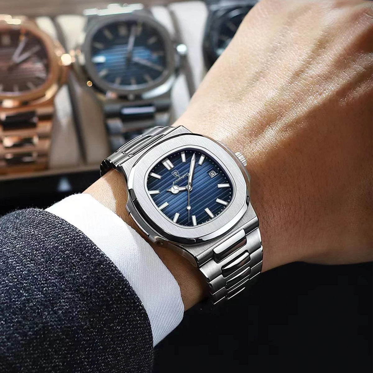 POEDAGAR Luxury Watch For Man Waterproof Luminous Date Men Wristwatch Square Stainless Steel Business Men's Quartz Watches Reloj