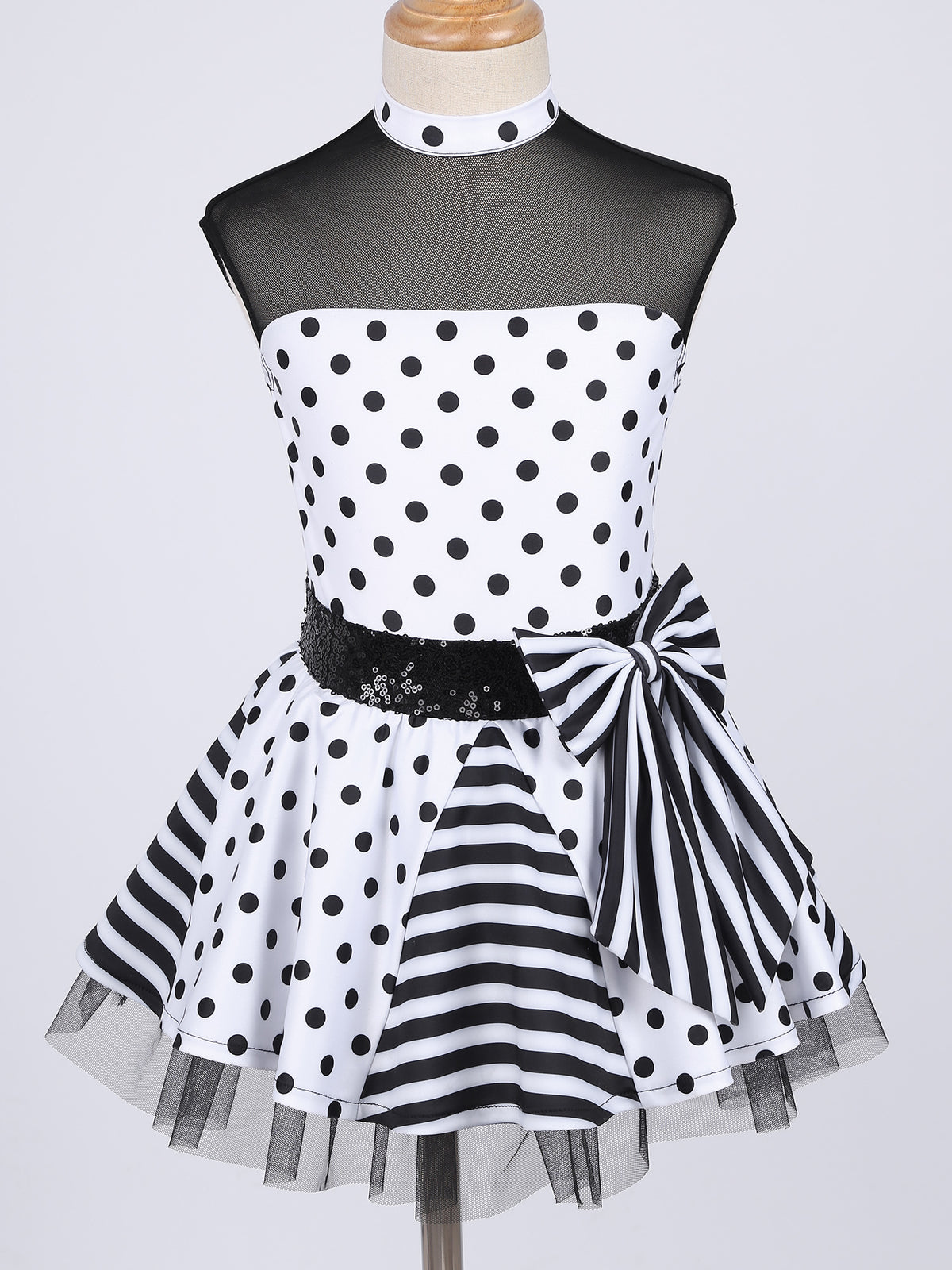 Girls Jazz Latin Ballet Dance Dress Polka Dots Print Mesh Sequin Bowknot Tutu Dress Birthdays Party Wedding Flower Girl Dresses