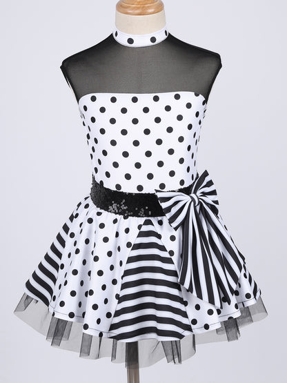 Girls Jazz Latin Ballet Dance Dress Polka Dots Print Mesh Sequin Bowknot Tutu Dress Birthdays Party Wedding Flower Girl Dresses