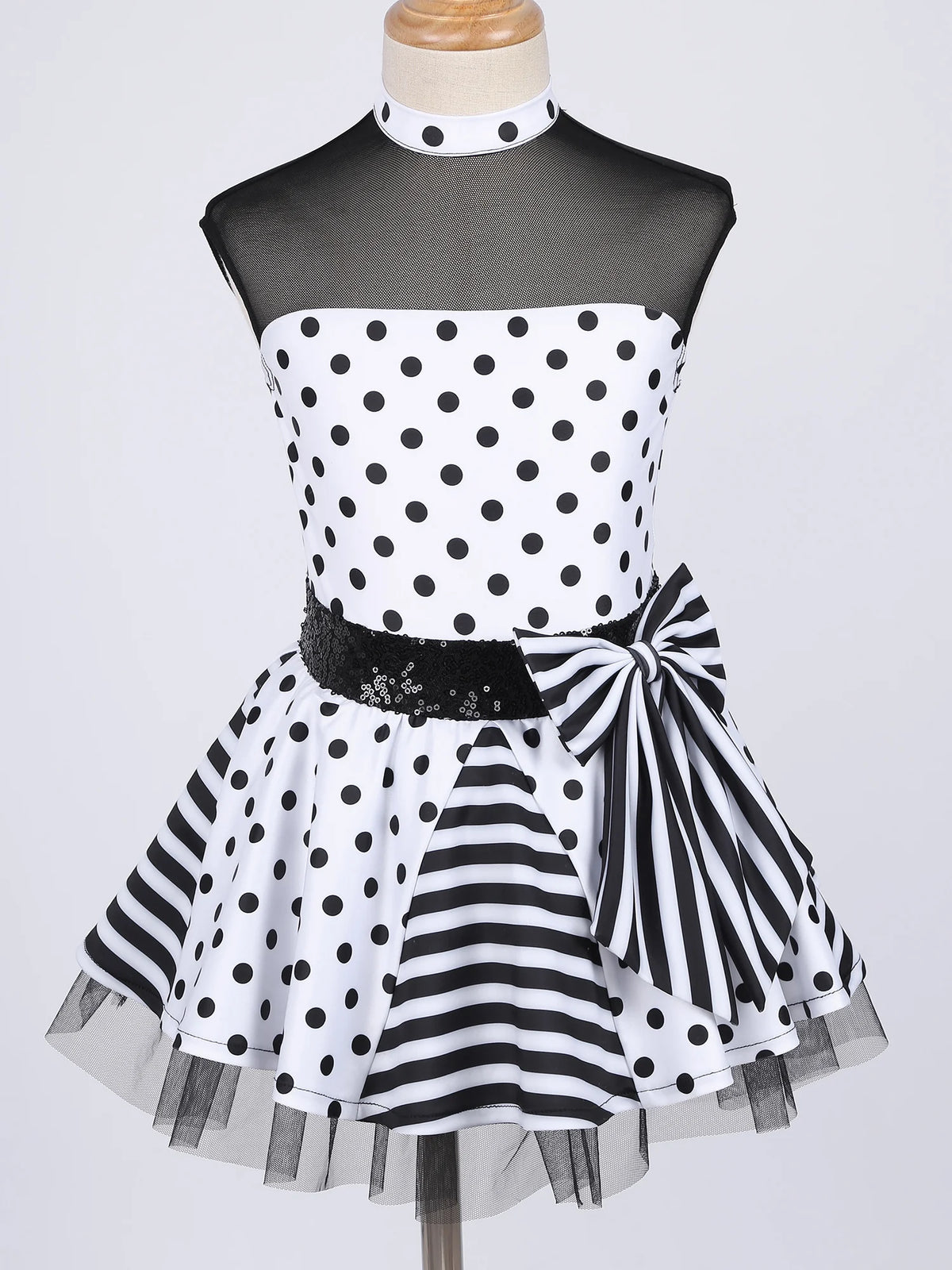 Girls Jazz Latin Ballet Dance Dress Polka Dots Print Mesh Sequin Bowknot Tutu Dress Birthdays Party Wedding Flower Girl Dresses