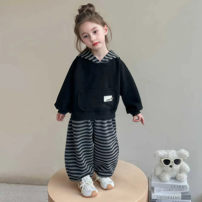 Girl Hoodie 2-Piece Set Spring Autumn Stripe Tops Pullover Pants Sportswear Child Kawaii Fashion New Style Casual Clothing 3-12Y