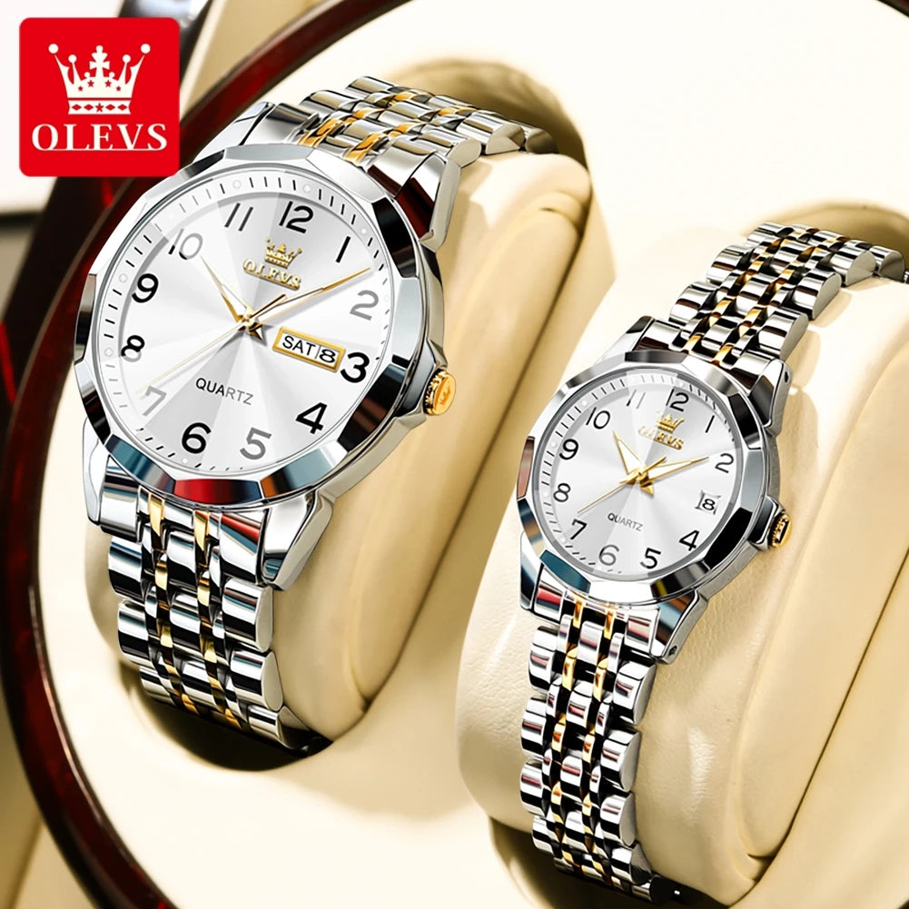 OLEVS 9970 Couple Watch For Men Women Luxury Number Dial Rhombus Mirror Quartz Hand Clock Stainless Steel Original Dress Watches