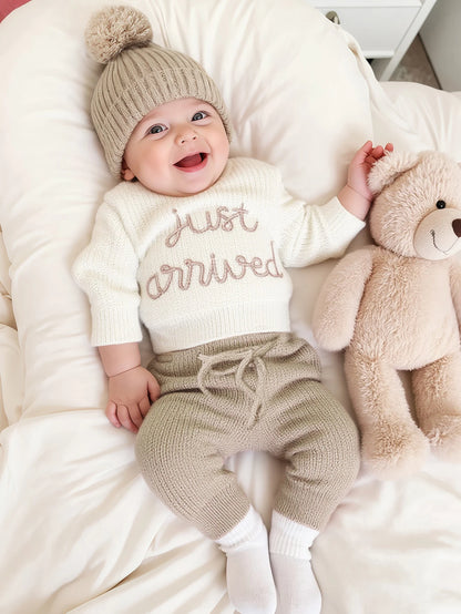 Ylsteed 3 Pcs Set Knitting Newborn Boy Photography Clothes "Just Arrived" Embroidery Khaki Baby Outfits Sweater Baby Shower Gift
