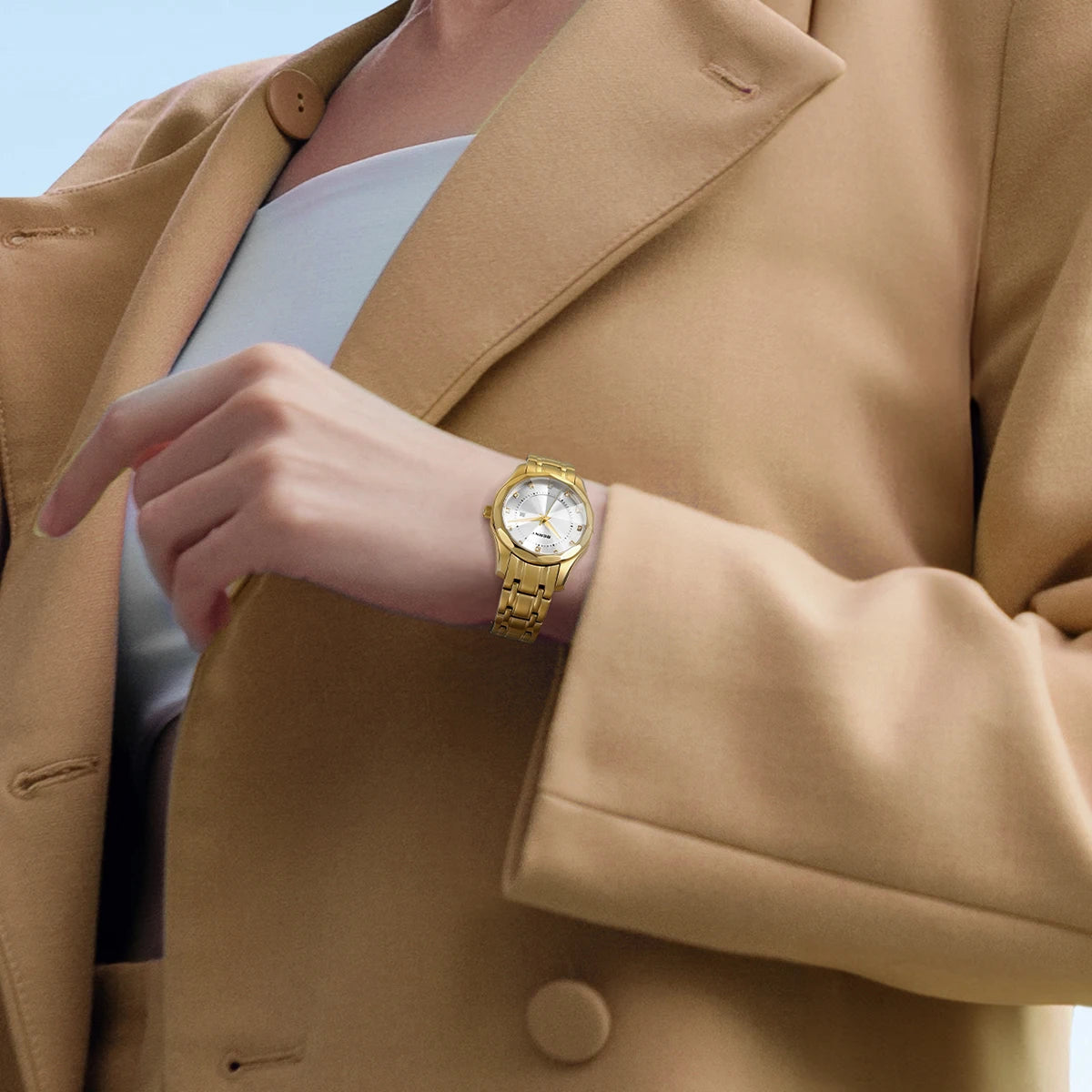 BERNY Golden Watch for Women Quartz Luxury Diamond Shape Lens Ladies Wristwatch Waterproof Stainless Steel Fashion Women Watch