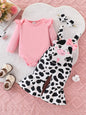 【Cute Cow】Baby Girl Overalls Set with 3D Cow Embroidery Patch + All-Over Cow Print + Flared Pants Legs - Three-Piece Outfit for Spring and Autumn Outings