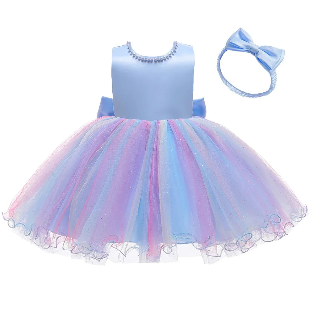 Infant Baby Tulle Backless Pageant Wedding Party Flower Girls Big Bow Dress With Headwear For Toddler Baptism Birthday Prom Gown