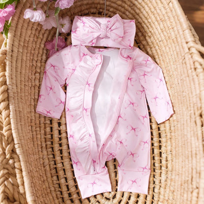 Ylsteed 2Pcs Set Pink Bowknot Newborn Photography Jumpsuit with Pink Bow Headband 100 Days Baby Girl Photoshoot Outfits