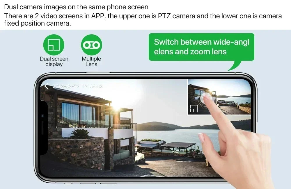 8MP 4K Wifi Surveillance Camera Wireless Security PTZ IP Camera AI Human Tracking 10X Zoom Security Camera Dual Screen Monitor
