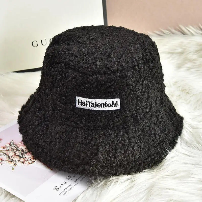 Warm Embroidered Hat Soft Lambswool Bucket Hat For Women Men Winter Warm Knitted Beanie Cap Soft Warm Thick Fisherman Hat