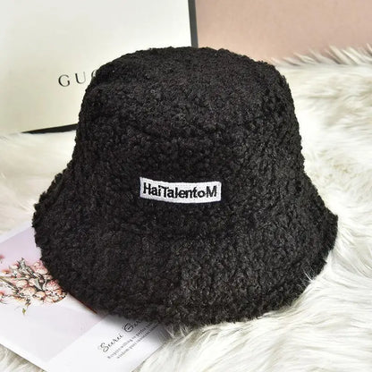 Warm Embroidered Hat Soft Lambswool Bucket Hat For Women Men Winter Warm Knitted Beanie Cap Soft Warm Thick Fisherman Hat