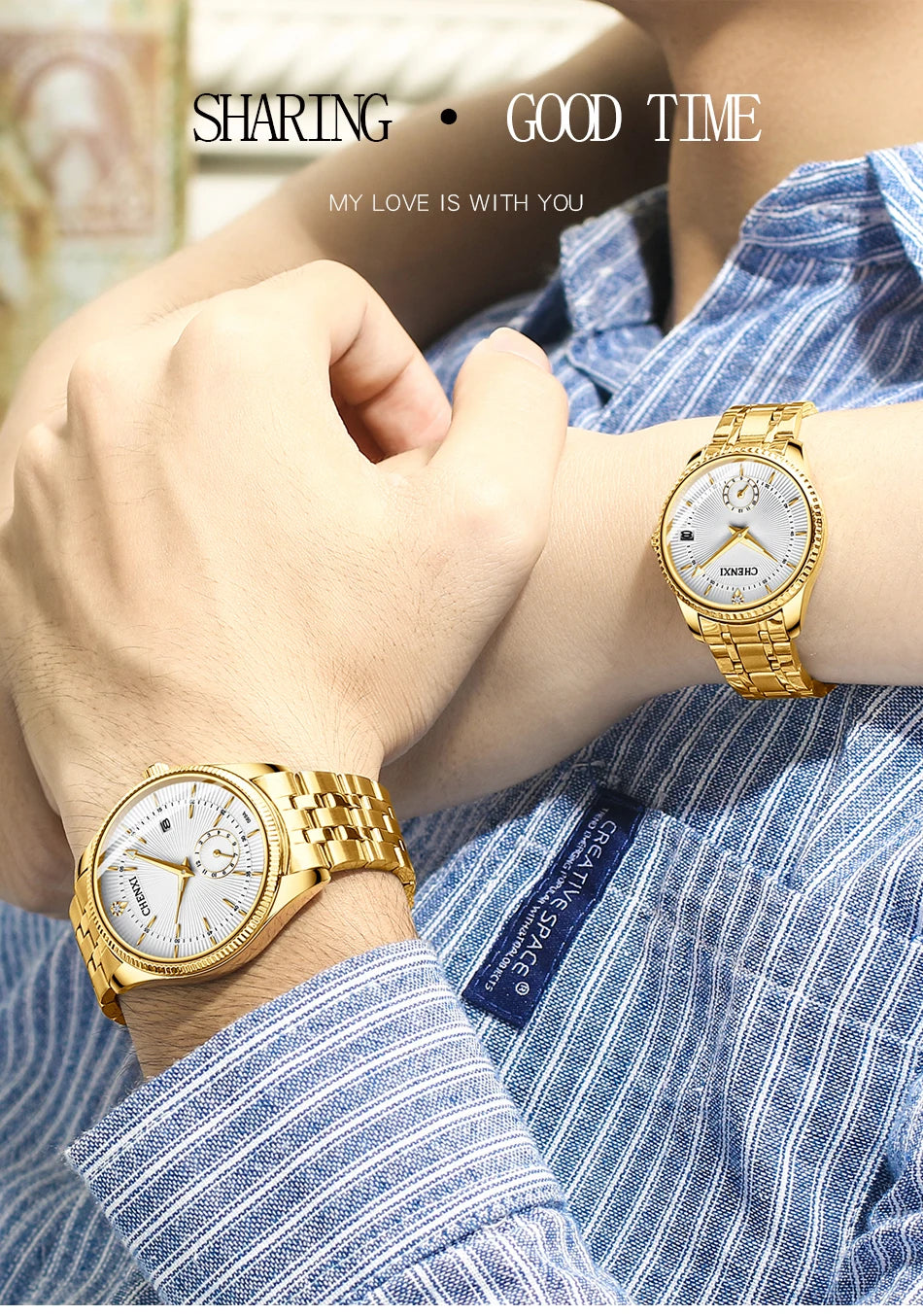 CHENXI Luxury Brand Casual Couple Watch Golden Stainless Steel Quartz Watch for Men's and Women's Waterproof Luminous Wristwatch