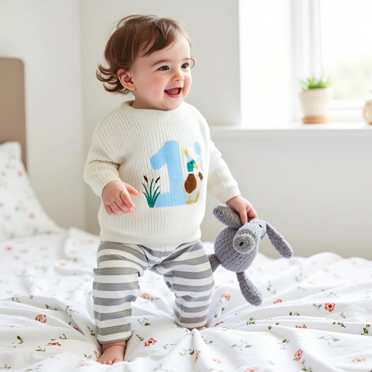 Baby Boy Birthday Sweater Casual Duck Letter Embroidery Infant Pullover Knitwear for Toddler Warm Clothes