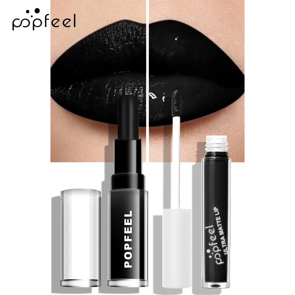 POPFEEL Hallowmas Lip Makeup Kit Black Lip Stick Black Lip Gloss Matte Lip Stick Long Lasting