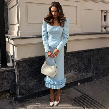 Casual Solid Woolen Top Pants Set Women Puff Full Sleeve Closed Waist Blouse Straight Trousers Sets 2026 Autumn Winter Lady Suit