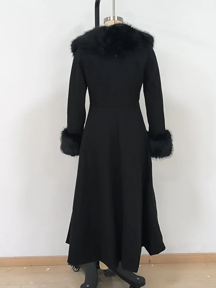 Women Wool Blend Coat Faux Fur Collar And Cuffs Fitted Waist Flared Maxi Silhouette Outerwear Winter Elegant Street Overcoat