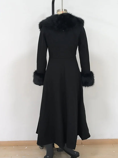 Women Wool Blend Coat Faux Fur Collar And Cuffs Fitted Waist Flared Maxi Silhouette Outerwear Winter Elegant Street Overcoat