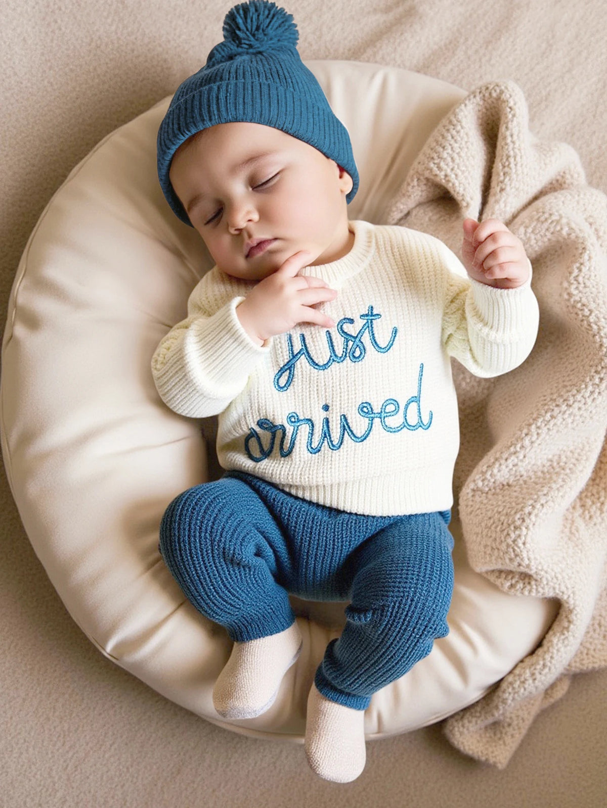 Ylsteed 3 Pcs Set Knitting Newborn Boy Photography Clothes "Just Arrived" Embroidery Khaki Baby Outfits Sweater Baby Shower Gift