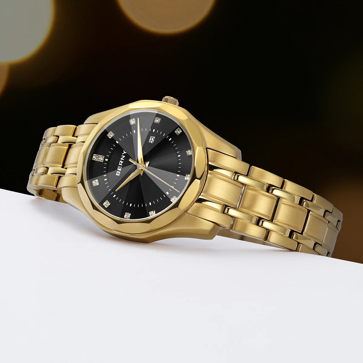 BERNY Golden Watch for Women Quartz Luxury Diamond Shape Lens Ladies Wristwatch Waterproof Stainless Steel Fashion Women Watch