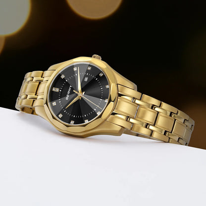 BERNY Golden Watch for Women Quartz Luxury Diamond Shape Lens Ladies Wristwatch Waterproof Stainless Steel Fashion Women Watch