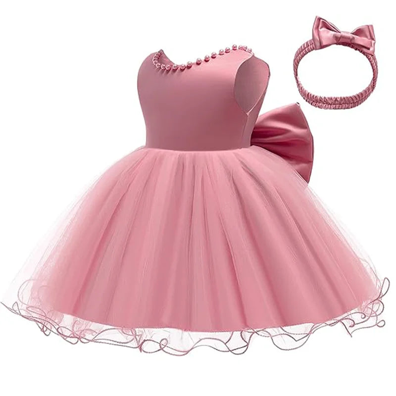 Infant Baby Tulle Backless Pageant Wedding Party Flower Girls Big Bow Dress With Headwear For Toddler Baptism Birthday Prom Gown