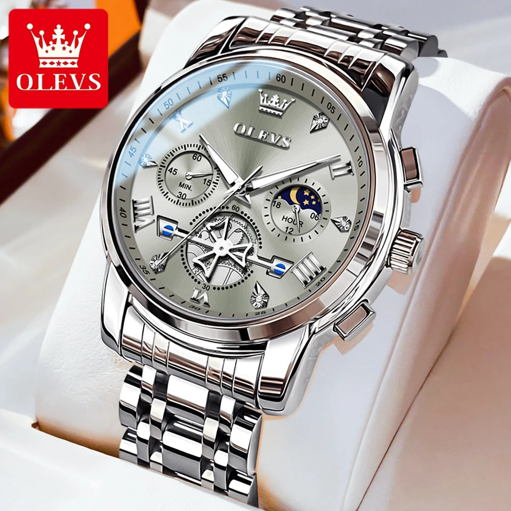 OLEVS Luxury Flywheel Design Couple Wristwatch Chronograph Waterproof Moon Phase Watch Brand Original Quartz Watch for Men Women