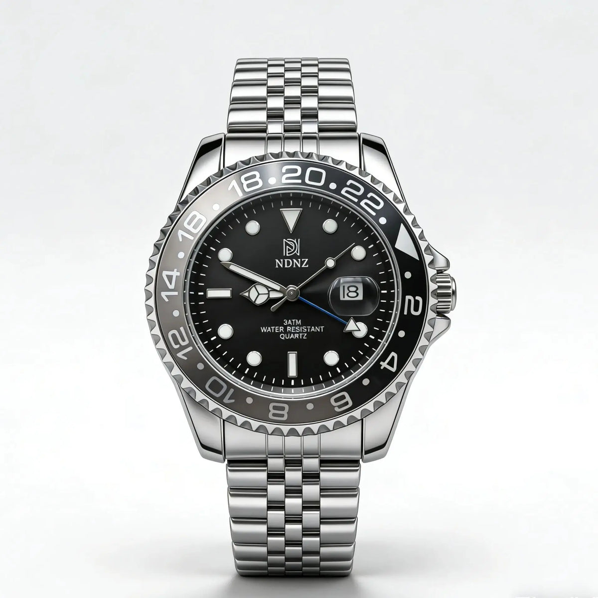 Men's GMT Style Quartz Watch, 3ATM Waterproof Stainless Steel Band, Black Blue Bezel Luminous Wristwatch with Date Display