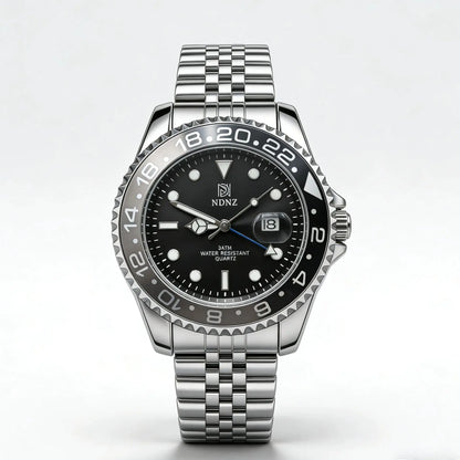 Men's GMT Style Quartz Watch, 3ATM Waterproof Stainless Steel Band, Black Blue Bezel Luminous Wristwatch with Date Display