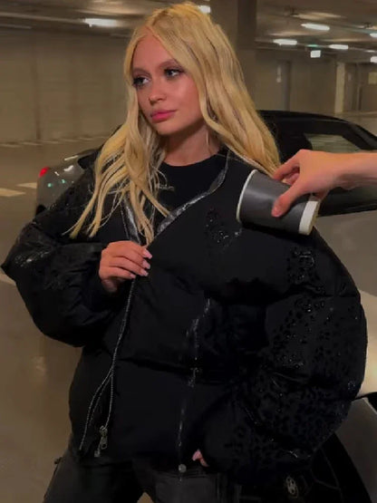 Casual Leopard Pattern Hooded Padded Coat Waterproof Fabric Zipper Long Sleeve Black Jacket Autumn Winter New Fashion Outerwear