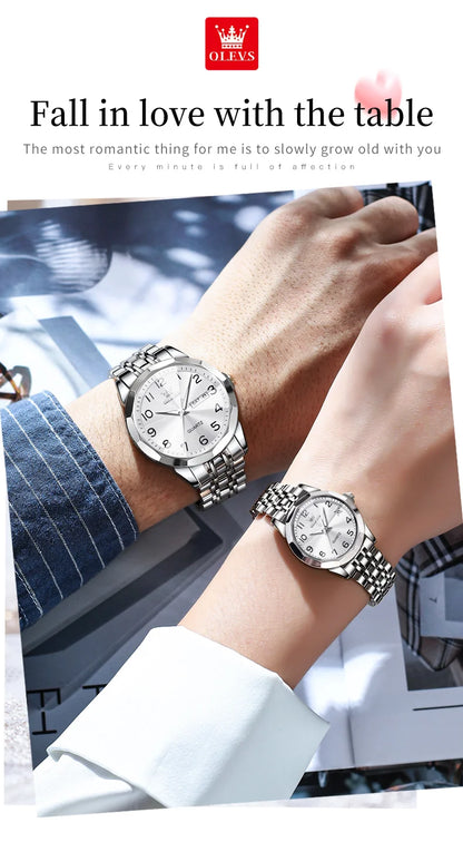 OLEVS 9970 Couple Watch For Men Women Luxury Number Dial Rhombus Mirror Quartz Hand Clock Stainless Steel Original Dress Watches