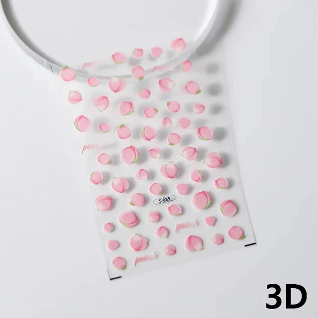 Pink Translucent Peach Jelly Texture 5D Soft Embossed Reliefs Self Adhesive Nail Art Stickers Cute Fruits 3D Manicure Decals