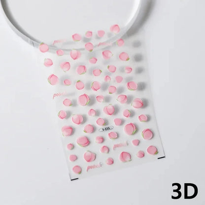 Pink Translucent Peach Jelly Texture 5D Soft Embossed Reliefs Self Adhesive Nail Art Stickers Cute Fruits 3D Manicure Decals