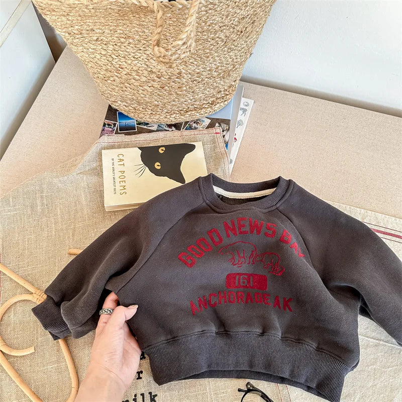 deer jonmi 2025 Winter Children Letter Printed Sweatshirts Thicken Warm Baby Boys Casual Fleece Lining Pullovers Tops