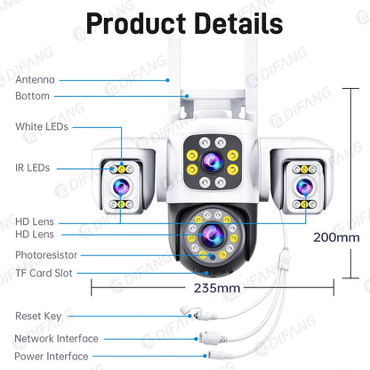 Yoosee 15MP WIFI Security Camera Outdoor AI Human Tracking 3 Lens 3 Screens 360° PTZ Surveillance Full Color Night Vision CCTV