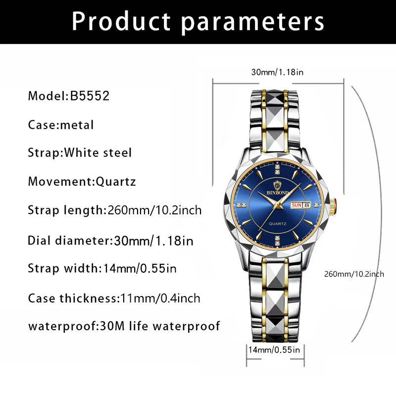 BINBOND Fashion Couple Watches Waterproof Diamond Valentine Day Lover Gift Stainless Steel Watch Men Women Quartz Watch 2pcs