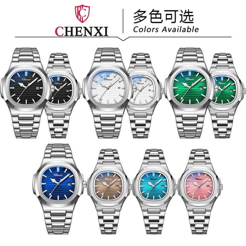 CHENXI 8222 Fashion Couple Quartz Watch Waterproof Night Light Date Stainless Steel Strap Casual Date Men's and Women's Watch