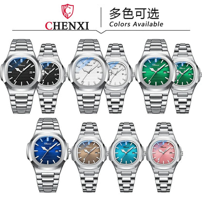 CHENXI 8222 Fashion Couple Quartz Watch Waterproof Night Light Date Stainless Steel Strap Casual Date Men's and Women's Watch