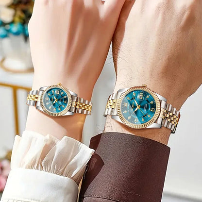 2PCS Fashion Couple's Watches Set Luxury Rhinestone Roma Dial Women Quartz Watch Men Calendar Business Wristwatches（Without Box）