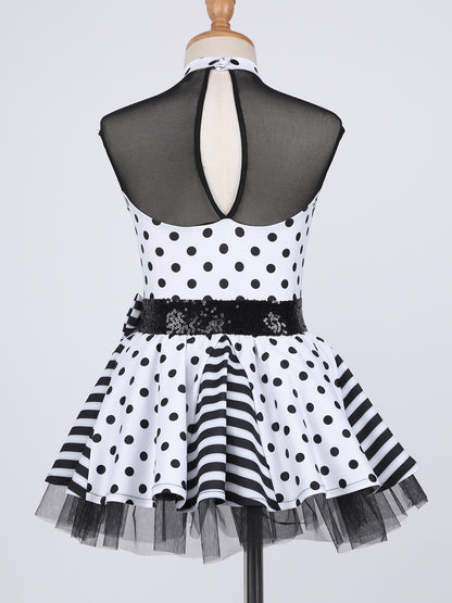 Girls Jazz Latin Ballet Dance Dress Polka Dots Print Mesh Sequin Bowknot Tutu Dress Birthdays Party Wedding Flower Girl Dresses
