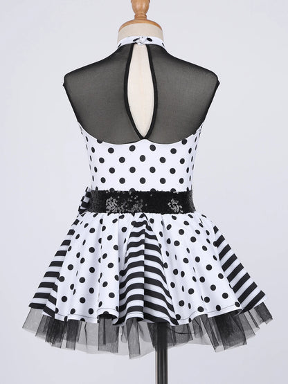 Girls Jazz Latin Ballet Dance Dress Polka Dots Print Mesh Sequin Bowknot Tutu Dress Birthdays Party Wedding Flower Girl Dresses