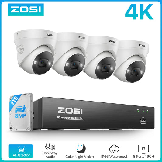 ZOSI 4K 8MP 5MP POE Video Surveillance Kit 8CH H.265 Home CCTV NVR Set Color Night Vision AI Detection IP Security Camera System