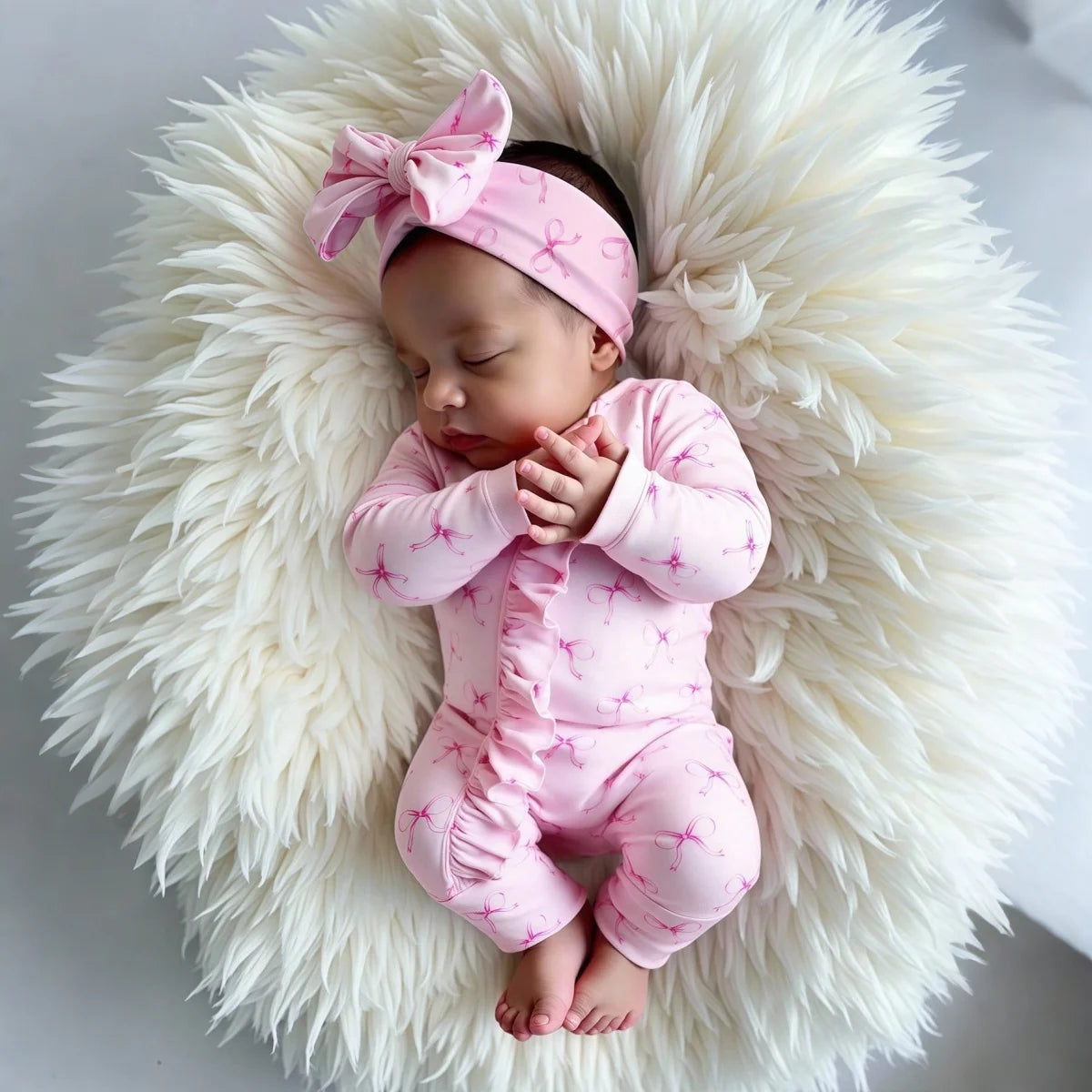 Ylsteed 2Pcs Set Pink Bowknot Newborn Photography Jumpsuit with Pink Bow Headband 100 Days Baby Girl Photoshoot Outfits